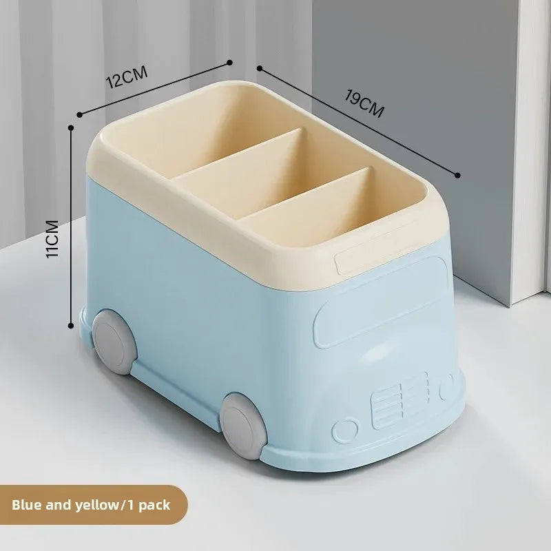 Creative desktop pen holder shaped like a blue and yellow mini bus with three compartments