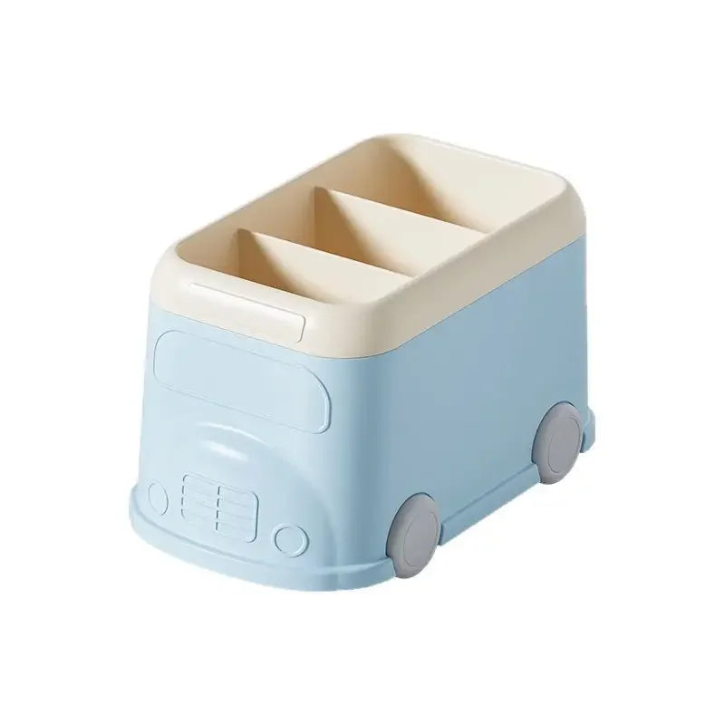 Clarify.pk creative desktop pen holder shaped like a blue and beige mini bus with three compartments