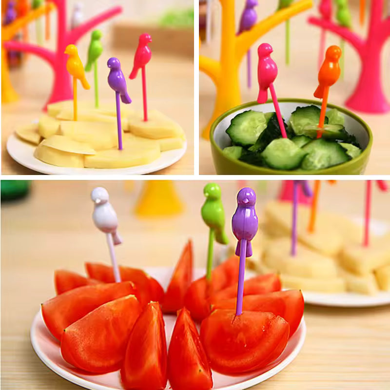 Clarify.pk creative fruit forks set with colorful bird-shaped handles for serving fruits and vegetables