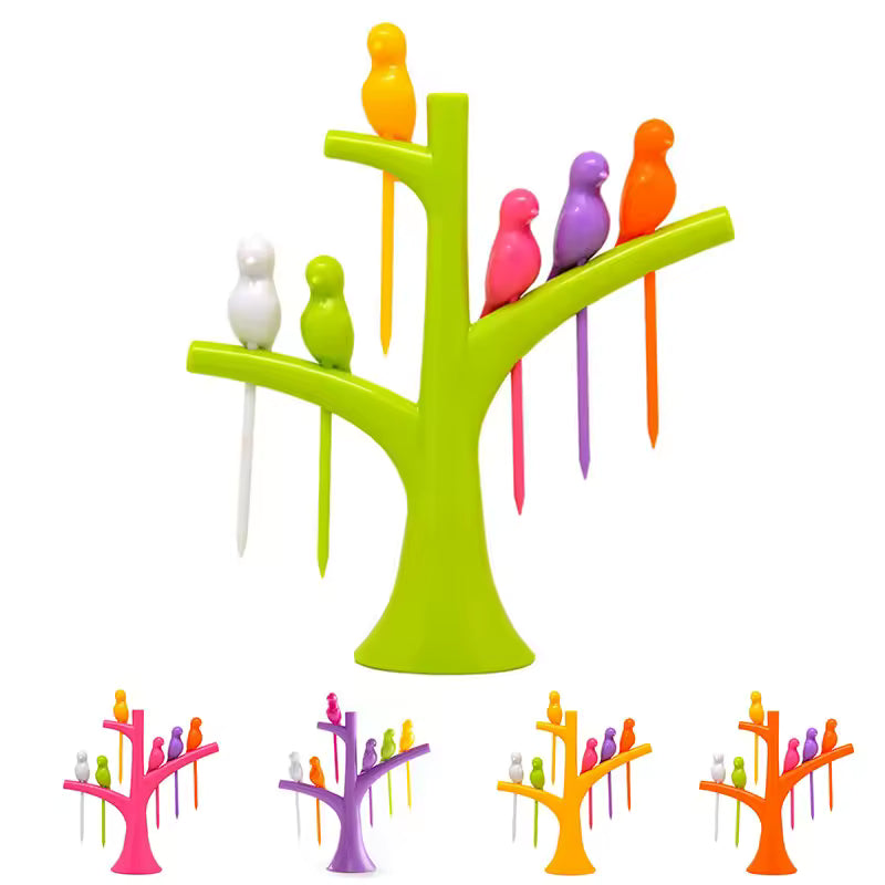 Clarify.pk creative fruit forks set with colorful bird-shaped forks on green tree stand