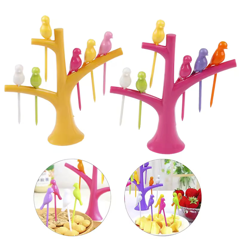 Clarify.pk creative fruit forks set with colorful bird-shaped forks and tree stand for serving fruit