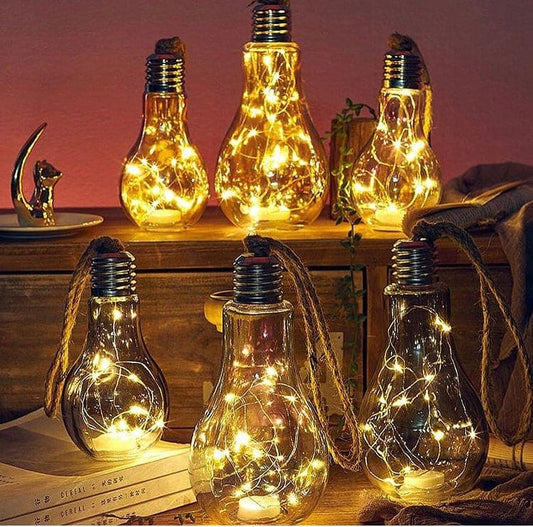 Creative hemp rope LED bulb string lights with warm glowing bulbs perfect for cozy indoor decoration