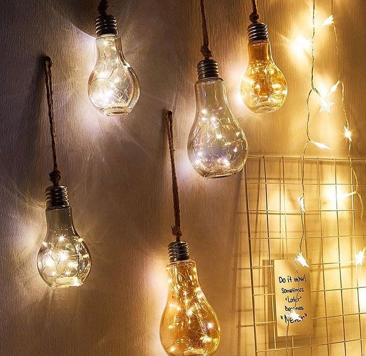 Creative hemp rope LED bulb string lights hanging on wall for decorative ambient lighting