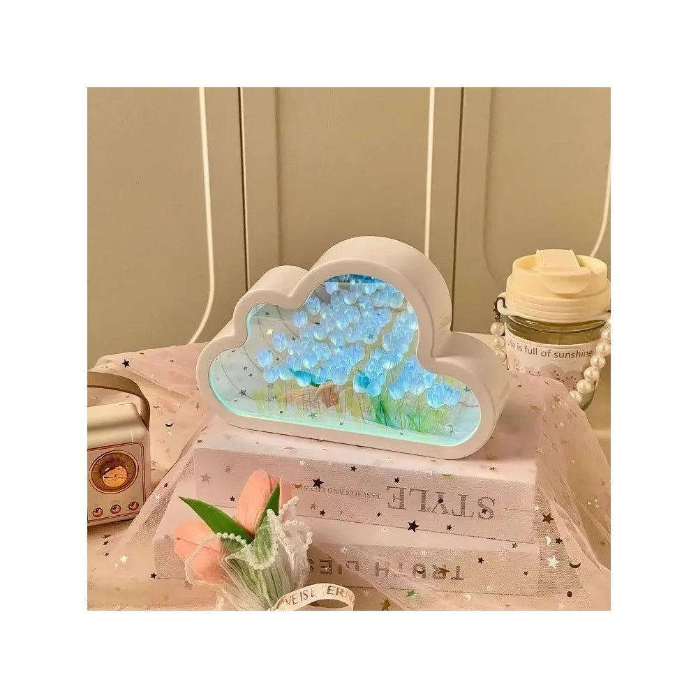 Creative home decor block lamp shaped like a cloud with blue LED lights and floral design