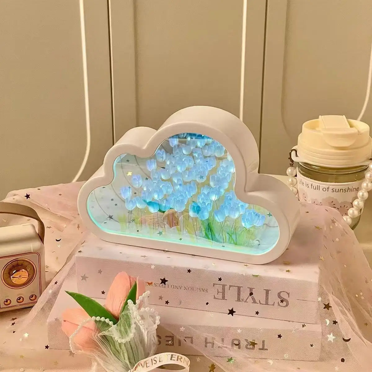 Creative home decor block lamp shaped like a cloud with blue flower design and soft lighting
