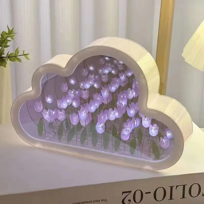 Creative home decor block lamp shaped like a cloud with glowing purple floral lights inside