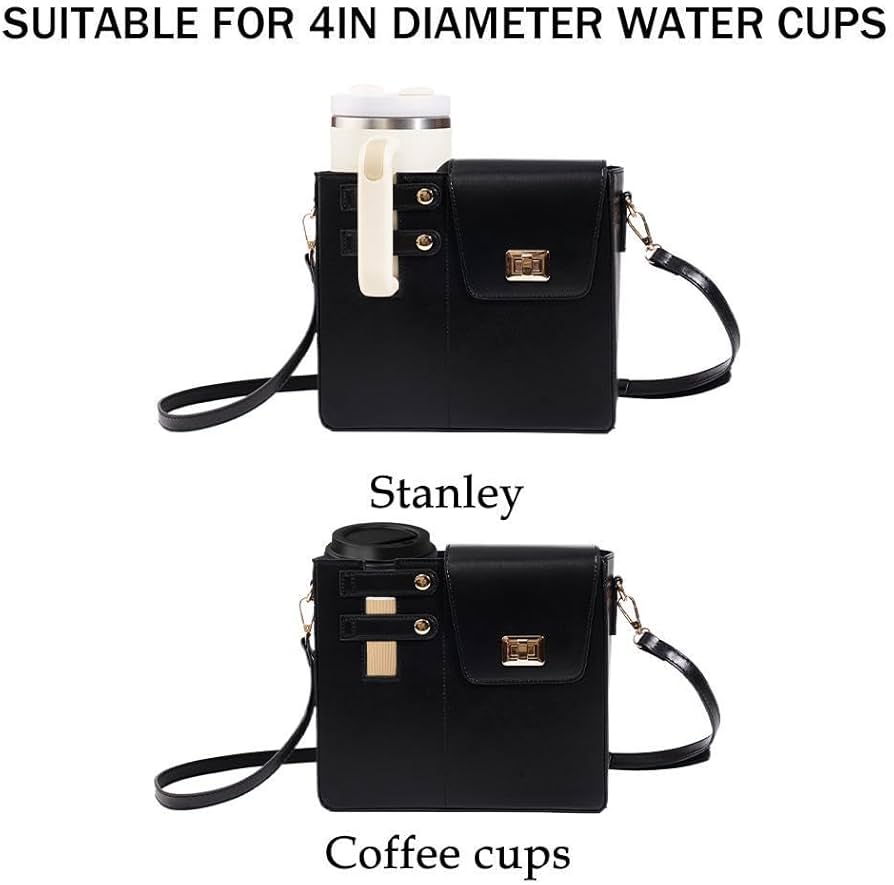 Black crossbody water bottle carrier bag suitable for 4-inch diameter water and coffee cups with adjustable strap