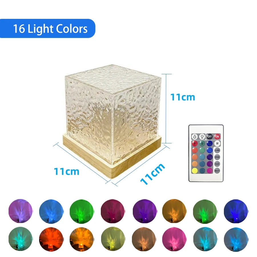 16 color night lamp with textured glass cube and wooden base featuring remote control for atmosphere lighting