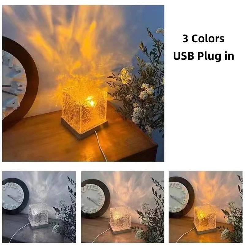 Clarify.pk 16 color night lamp with USB plug in showing three color options on a textured cube night light
