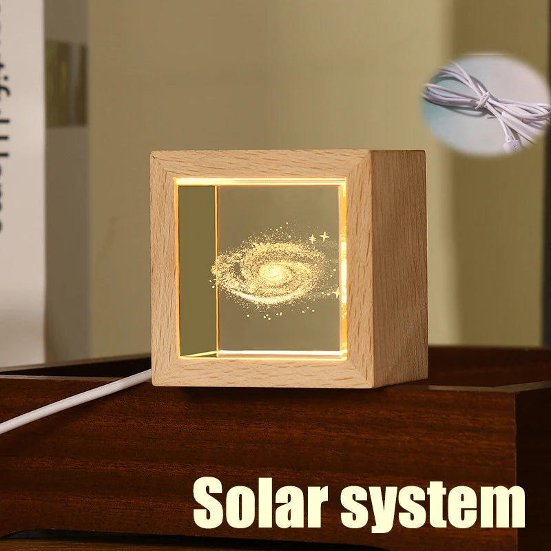 Crystal bedside lamp for bedroom with wooden frame showing illuminated galaxy design