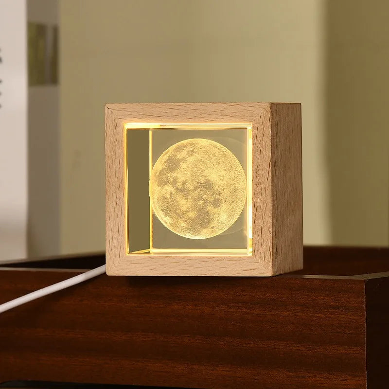 Crystal bedside lamp for bedroom with wooden frame and illuminated 3D moon design