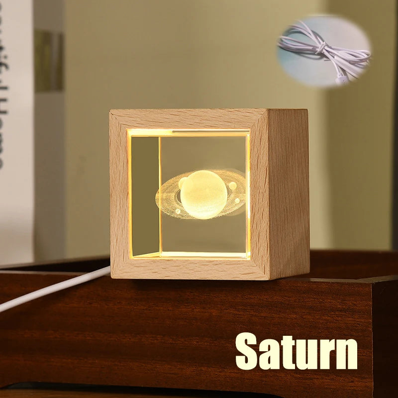 Saturn crystal bedside lamp for bedroom with wooden frame and LED illumination by Clarify.pk