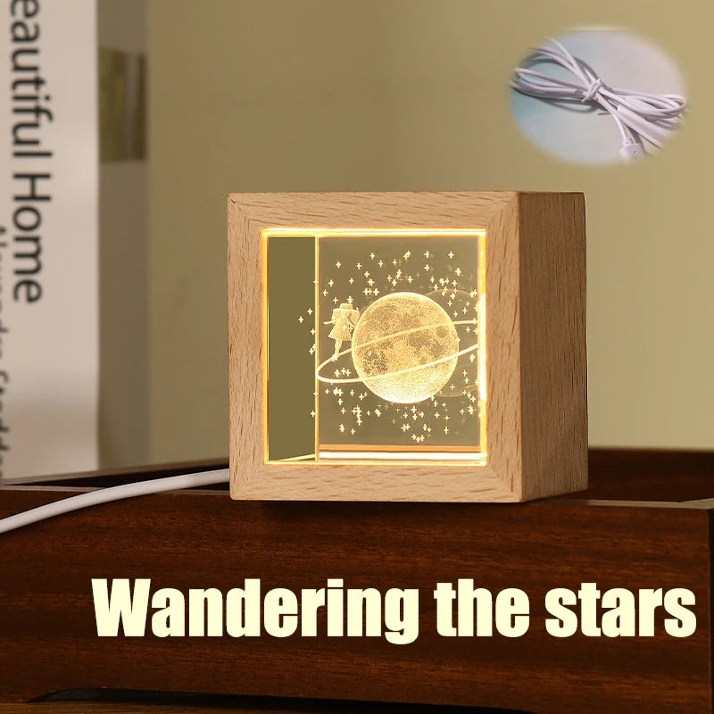 Crystal bedside lamp for bedroom with wooden frame and glowing star and planet design