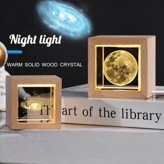 Crystal bedside lamp for bedroom with warm solid wood frame and illuminated moon and galaxy designs