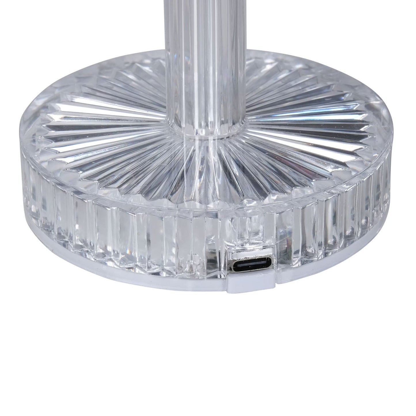 Clear base of crystal lamp with bluetooth speaker showing USB charging port