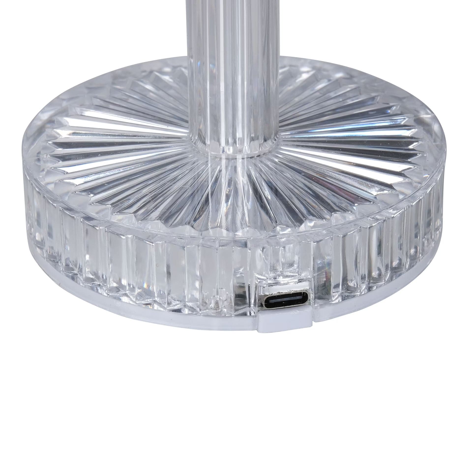 Clear base of crystal lamp with bluetooth speaker showing USB charging port