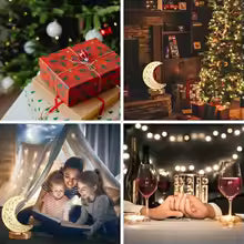 Crystal moon night light lamp glowing warmly in cozy living room with Christmas decorations