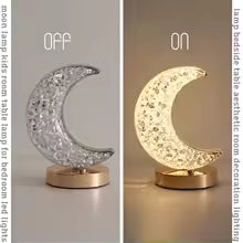 Crystal moon night light lamp by Clarify.pk shown off and on with glowing crescent moon design on wooden base