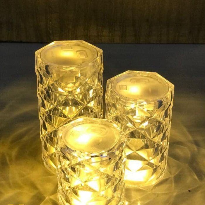 Elegant crystal rose Crystal lamp set with warm glowing lights in textured clear glass design