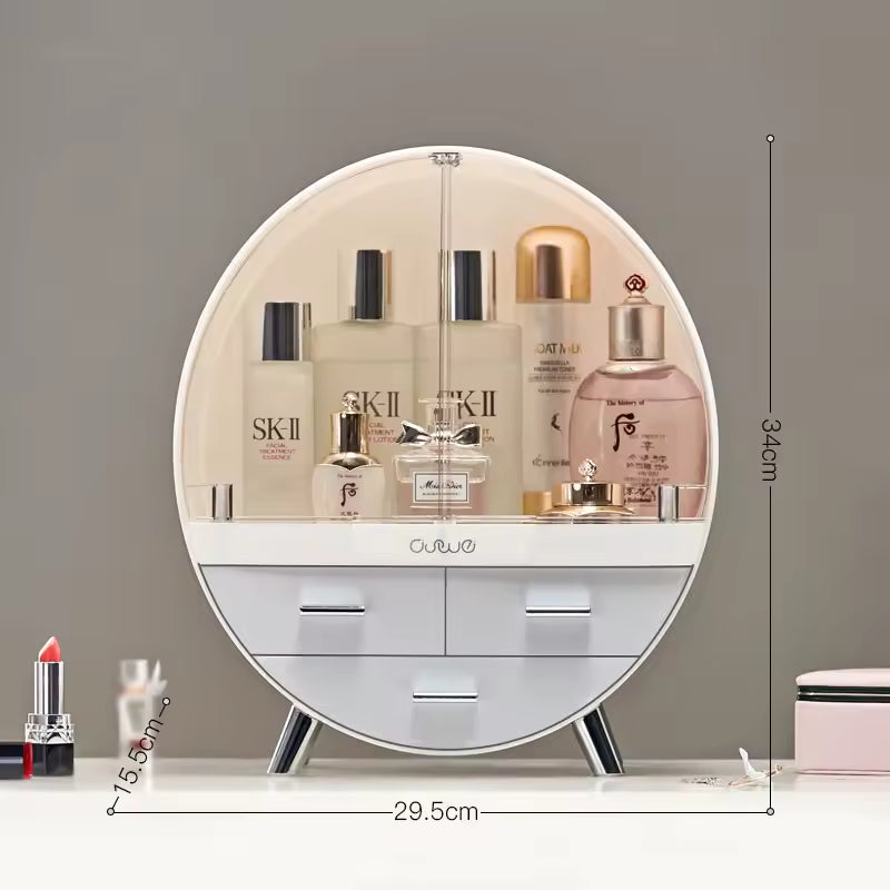 Clarify.pk makeup organizer with dust cover round white acrylic storage with drawers and skincare bottles