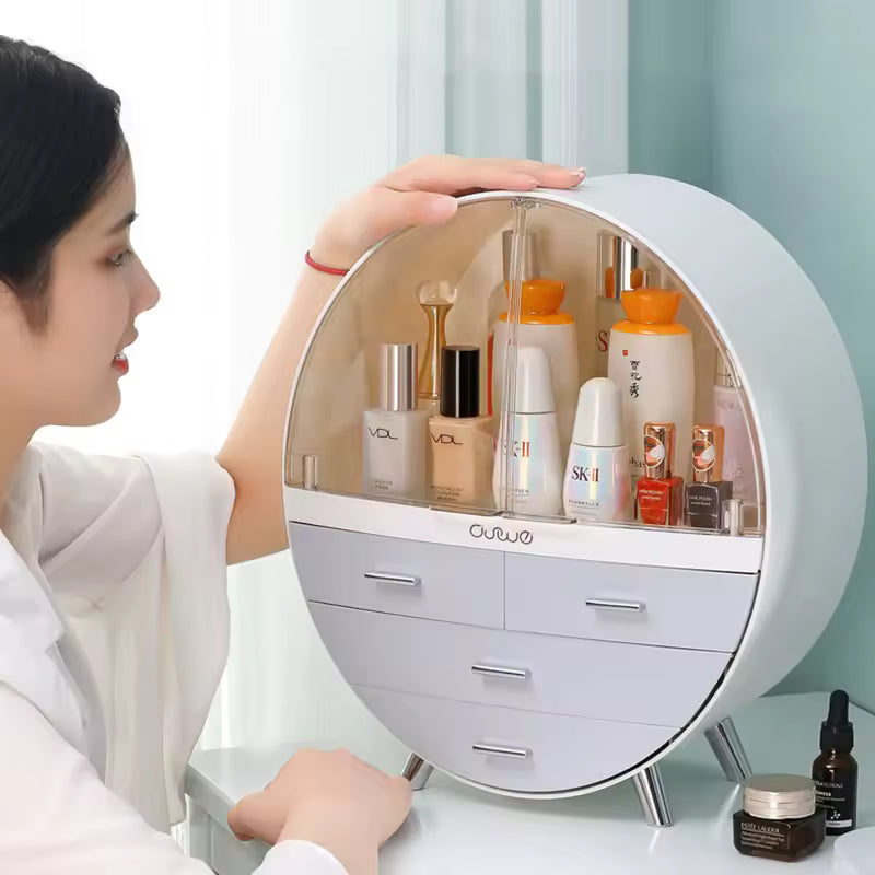 Clarify.pk round makeup organizer with dust cover holding various cosmetic bottles and makeup items