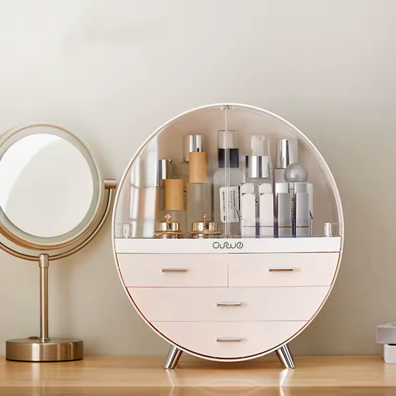 Clarify.pk round makeup organizer with dust cover holding various cosmetic bottles and jars on a wooden table