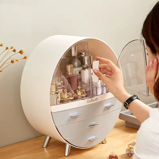 Clarify.pk white round makeup organizer with dust cover holding various cosmetics and perfumes