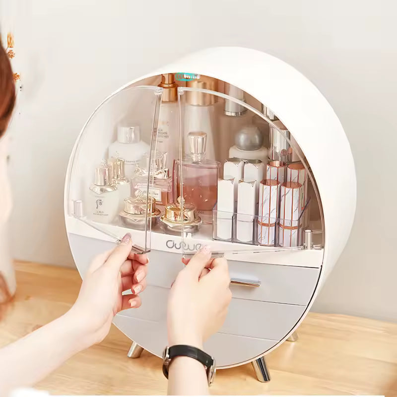 Clarify.pk round makeup organizer with dust cover storing perfumes and cosmetics on wooden surface