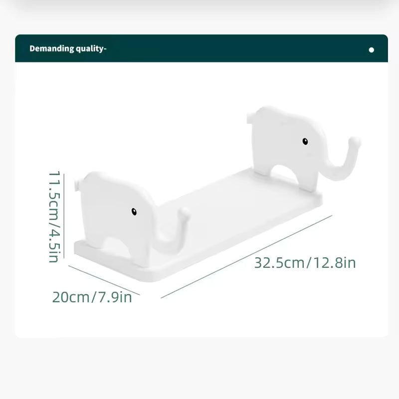 White cute animal design wall organizer with elephant shapes and shelf for storage