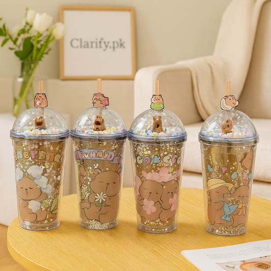 Set of four cute Clarify.pk water bottles with bear designs and clear dome lids on wooden table