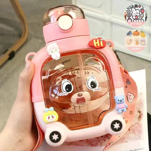 Pink cute bear water cup for kids with cartoon face and colorful decorative charms