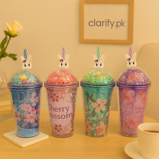 Colorful floral water bottle set with bunny straw caps for kids by Clarify.pk