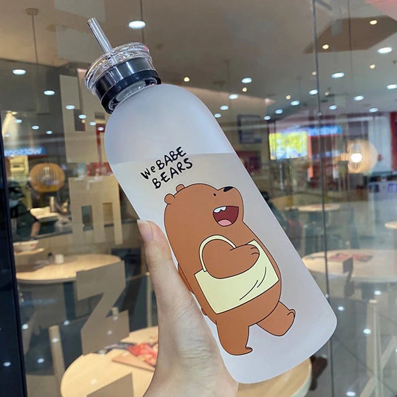 Frosted bottle with cute bear cartoon design and straw lid for Cute Cartoon Drinkware