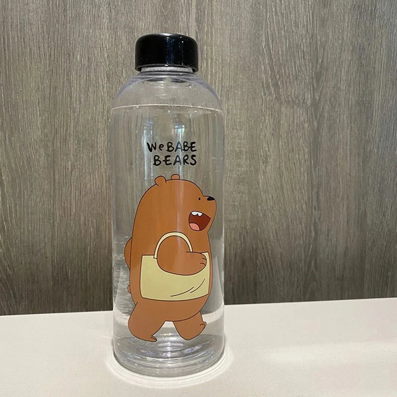 Clear water bottle with black cap featuring cute cartoon drinkware design of a walking brown bear holding a bag