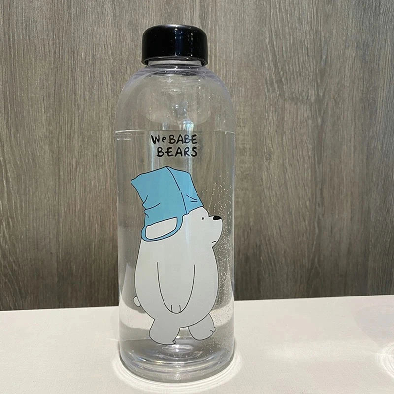 Clear water bottle with cartoon bear wearing a blue hat printed on side Cute Cartoon Drinkware
