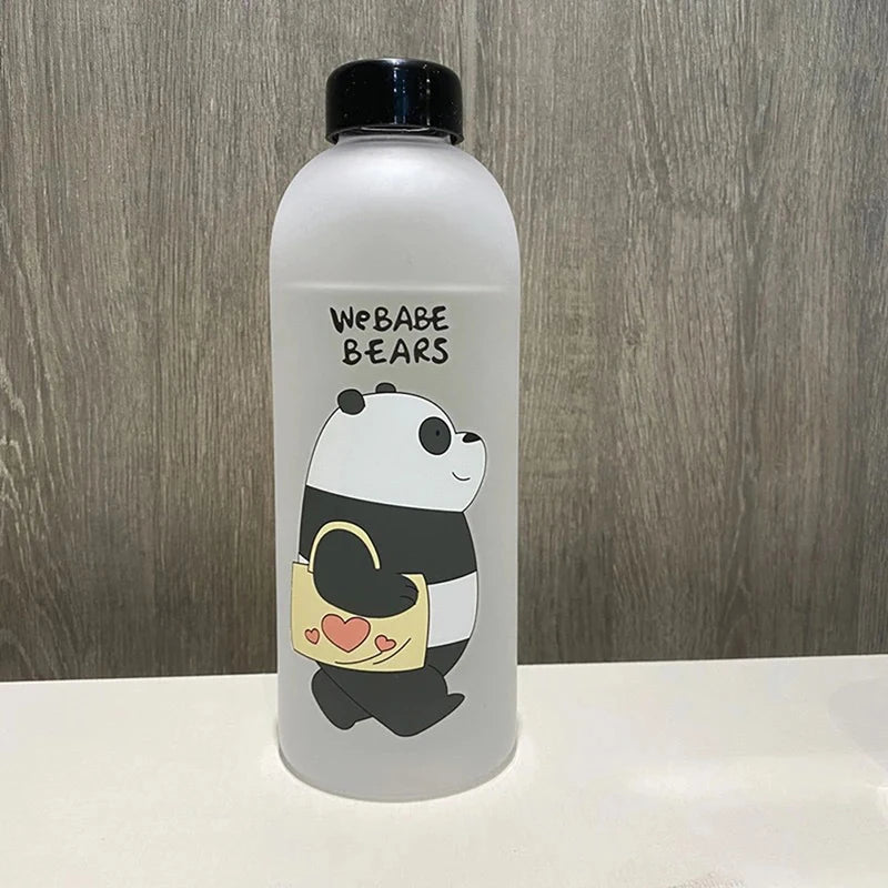 Cute Cartoon Drinkware featuring a panda bear holding a heart-decorated bag on a white bottle with black cap