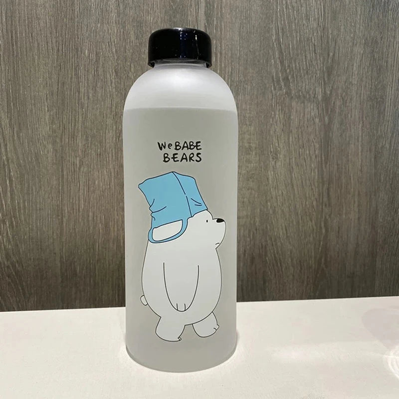 Frosted water bottle with cute cartoon bear wearing a blue hat from Clarify.pk Cute Cartoon Drinkware