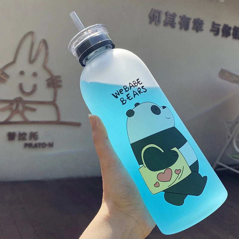 Clear water bottle with cute cartoon drinkware design featuring a panda holding a bag and we bare bears text