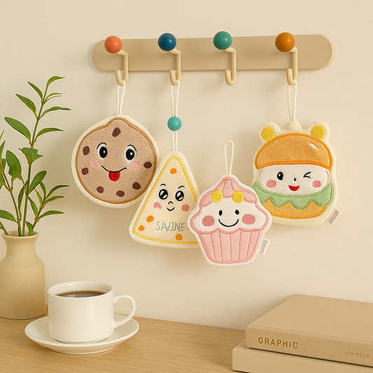 Cute cartoon hand towels shaped like cookie, cheese, cupcake, and bear hanging on wall hooks