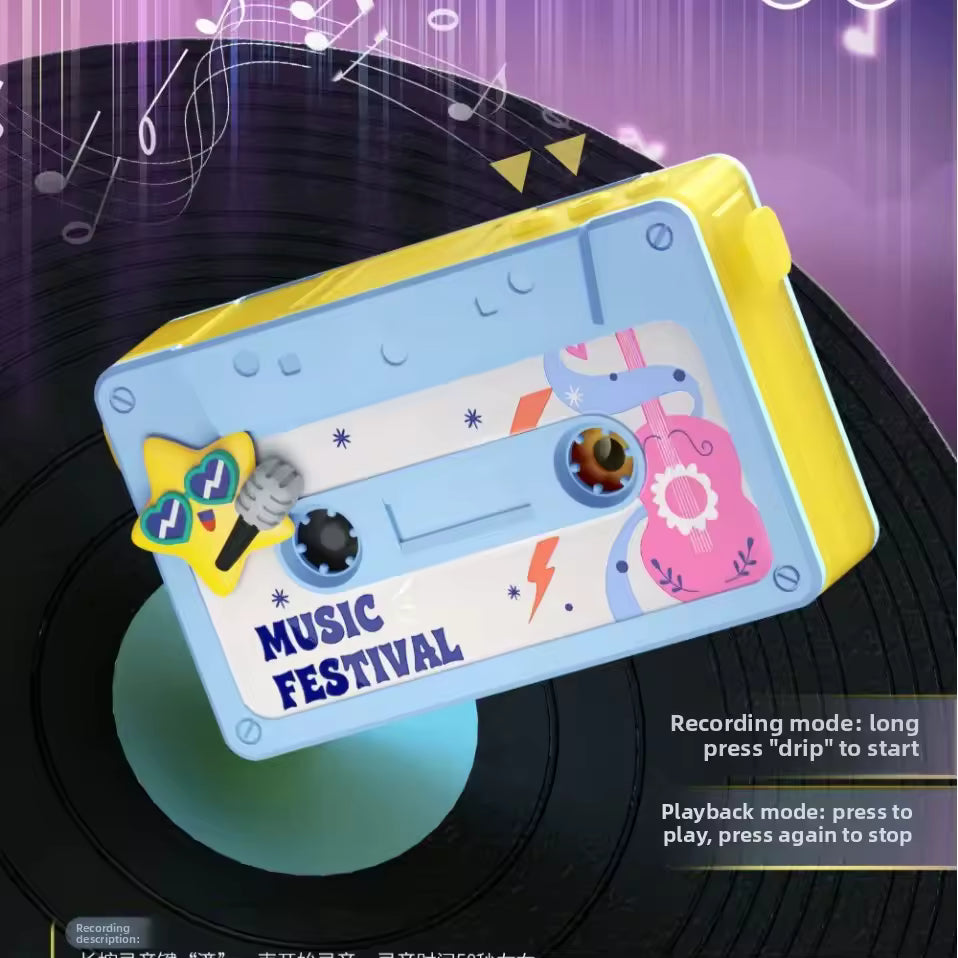 Cute cartoon hanging fan designed like a colorful retro cassette tape with music festival graphics