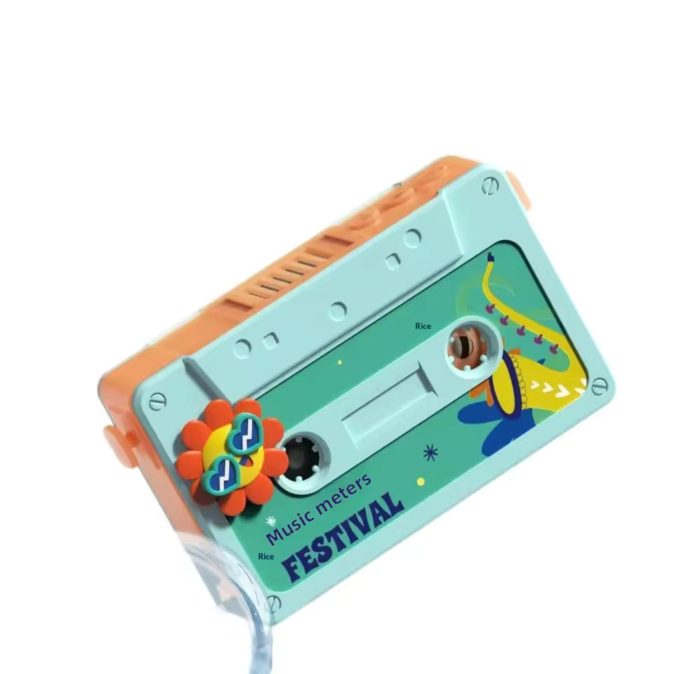 Cute cartoon hanging fan designed like a retro music cassette with colorful festival artwork
