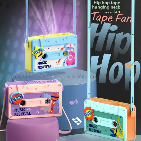 Cute cartoon hanging fan designed as colorful music festival tape players with hip hop theme