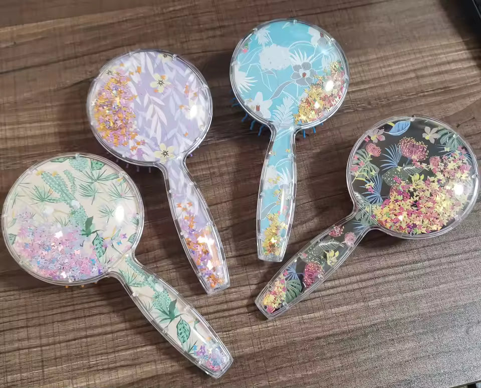 Clarify.pk cute children hair brush set with floral design and glitter inside clear plastic handles