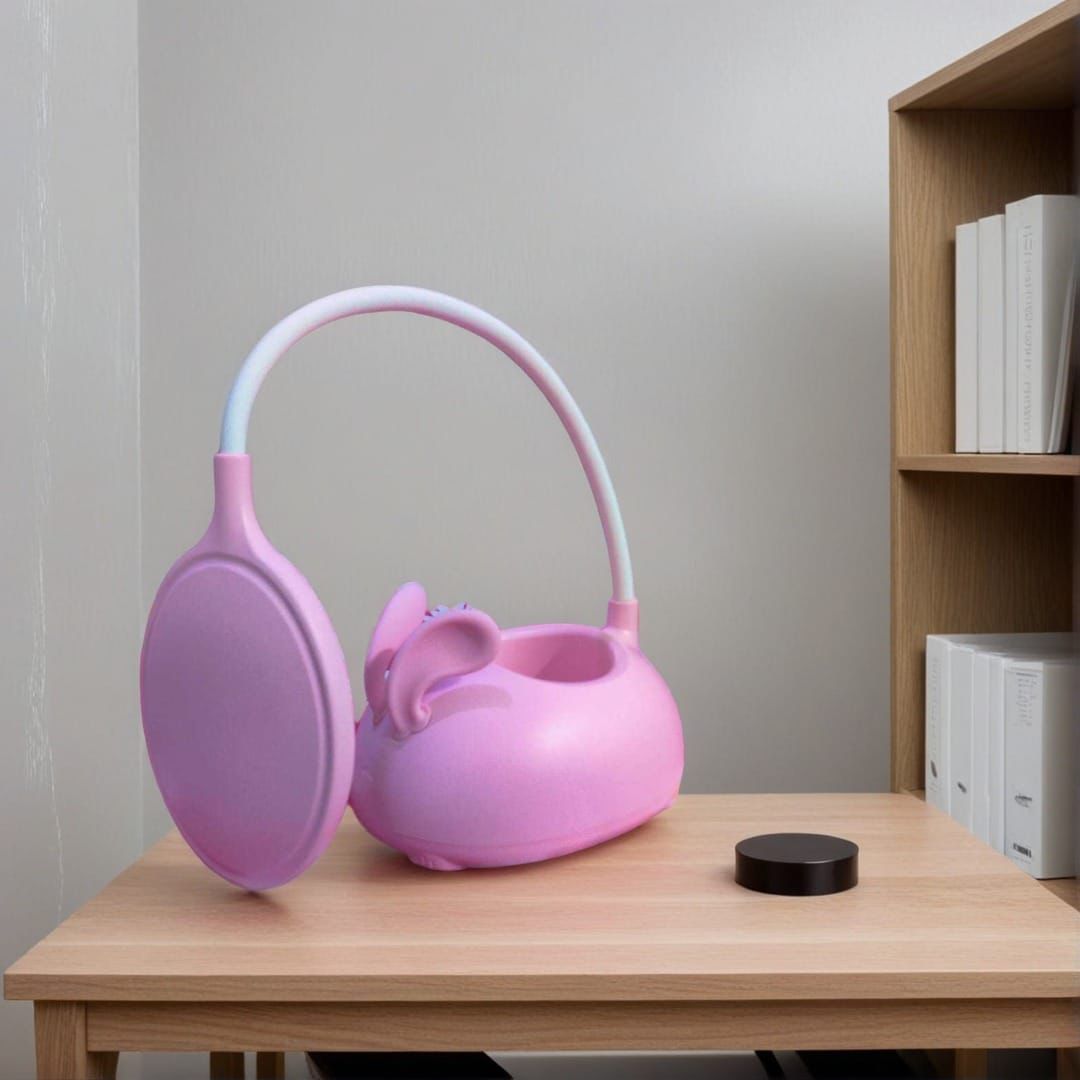 Pink cute rabbit desk lamp with flexible neck on wooden desk beside bookshelf
