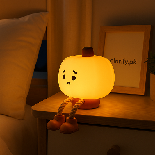 Cute silicone pumpkin night light glowing warmly on bedside table with sad face and rope legs