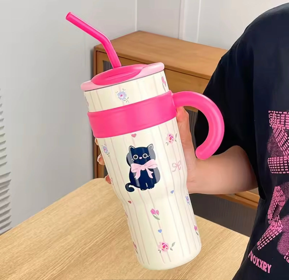 Cute stainless steel tumbler with straw featuring pink handle and cat floral design