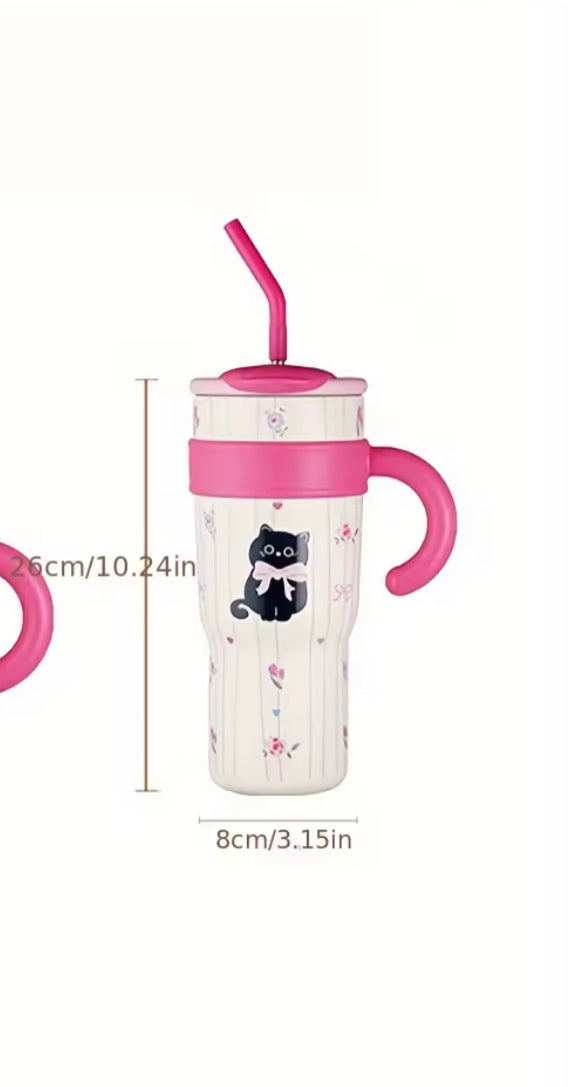 Cute stainless steel tumbler with straw featuring pink handle and cat design