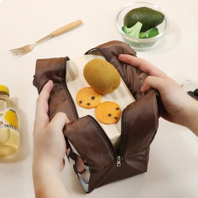 Cute thermal bag for food kids lunch bag in brown with zipper and food items inside