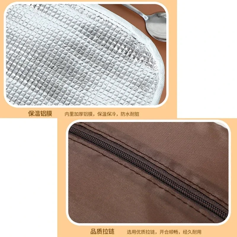 Close-up details of a cute thermal bag for food showing insulated lining and durable zipper stitching
