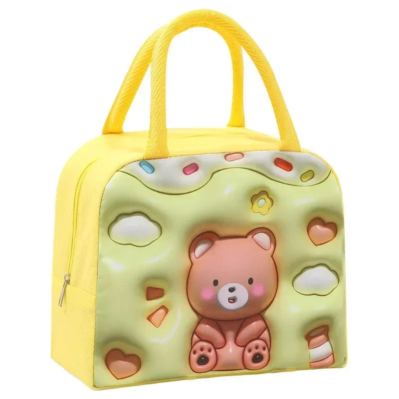 Cute thermal bag for food kids lunch bag with teddy bear design and yellow handles